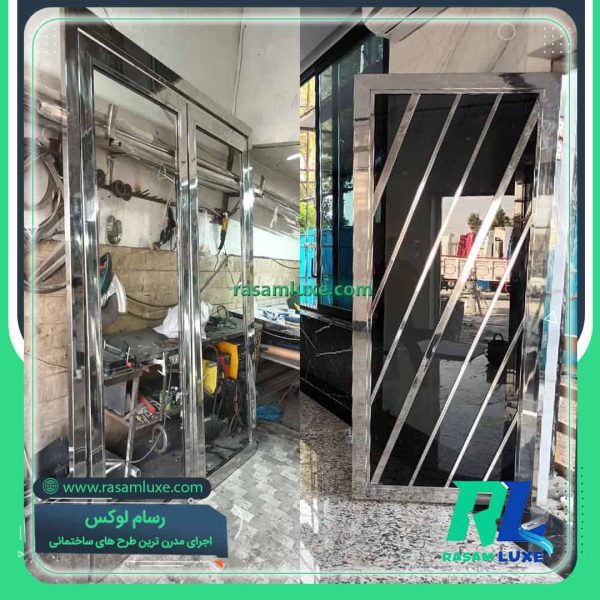 ساخت درب استیل دولنگه نقره ای ورودی لابی