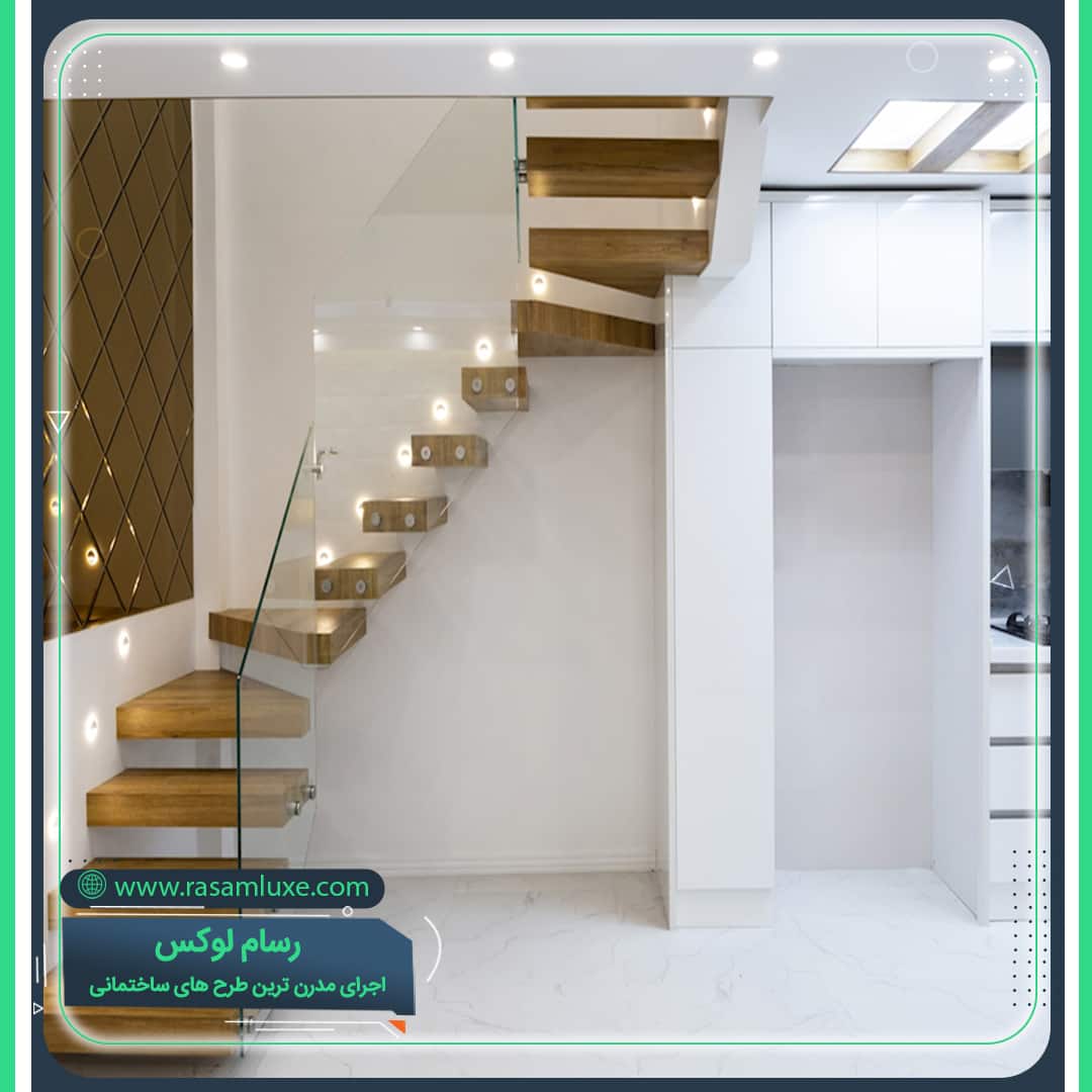 اجرای راه پله معلق چوبی نرده شیشه ای