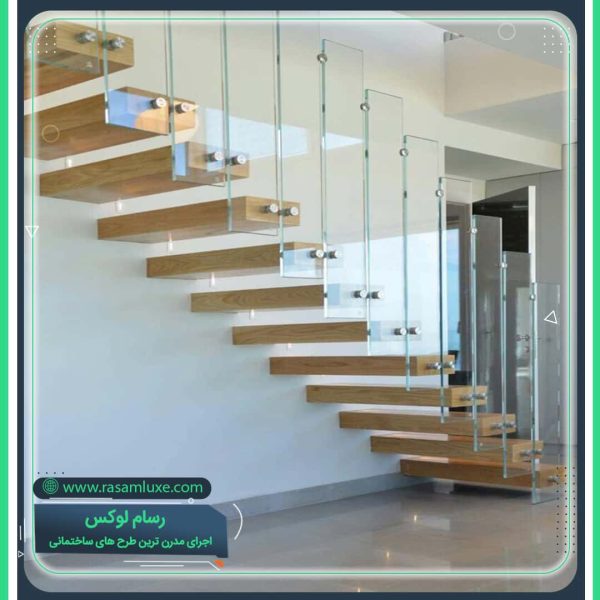 راه پله معلق چوبی با نرده شیشه ای مدرن