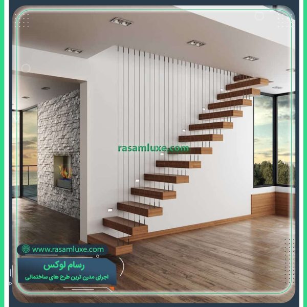 نرده کابلی عمودی راه پله معلق چوبی